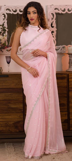 Pink and Majenta color Saree in Faux Georgette fabric with Sequence work