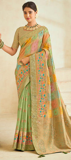 Green color Saree in Silk fabric with Embroidered, Sequence, Stone, Thread work