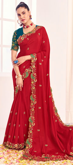 Red and Maroon color Saree in Silk fabric with Embroidered, Resham, Sequence, Thread work