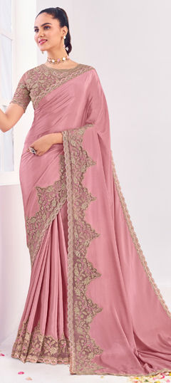 Pink and Majenta color Saree in Silk fabric with Embroidered, Sequence, Thread, Zari work