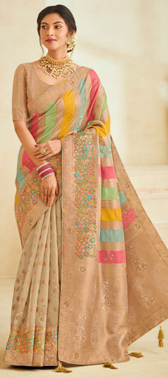 Beige and Brown color Saree in Silk fabric with Embroidered, Sequence, Stone, Thread work