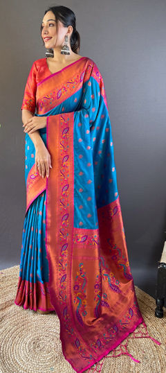 Blue color Saree in Silk fabric with Weaving, Zari work