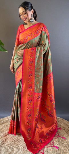 Green color Saree in Silk fabric with Weaving, Zari work