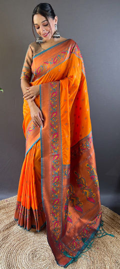 Orange color Saree in Silk fabric with Weaving, Zari work