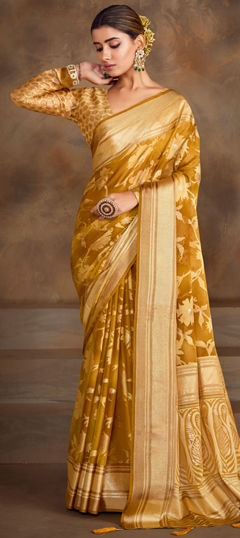 Gold color Saree in Brasso fabric with Weaving work