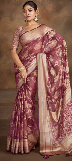 Purple and Violet color Saree in Brasso fabric with Weaving work