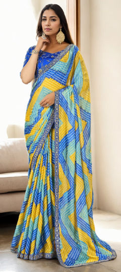 Blue, Yellow color Saree in Chiffon fabric with Bandhej, Embroidered, Printed work