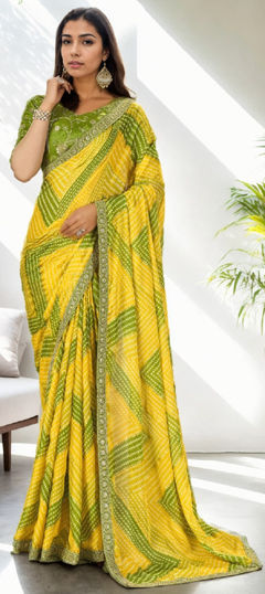 Green, Yellow color Saree in Chiffon fabric with Bandhej, Embroidered, Printed work