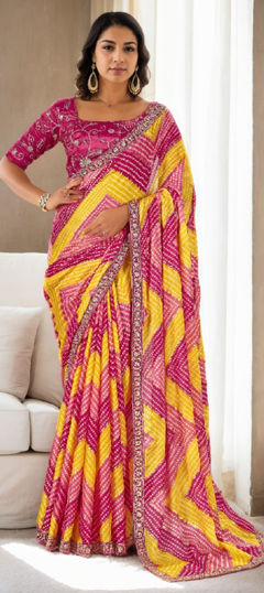 Pink and Majenta, Yellow color Saree in Chiffon fabric with Bandhej, Embroidered, Printed work