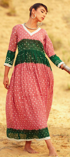 Green, Pink and Majenta color Dress in Cotton fabric with Bandhej, Lace, Printed work