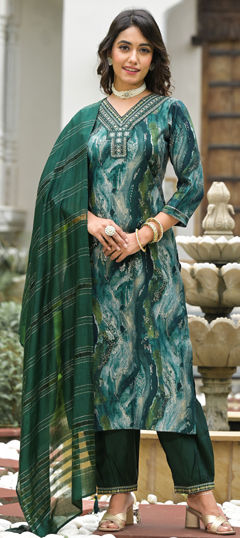 Green color Salwar Kameez in Art Silk fabric with Embroidered, Printed, Thread work