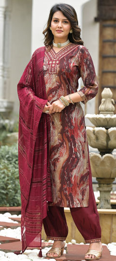 Red and Maroon color Salwar Kameez in Art Silk fabric with Embroidered, Printed, Thread work