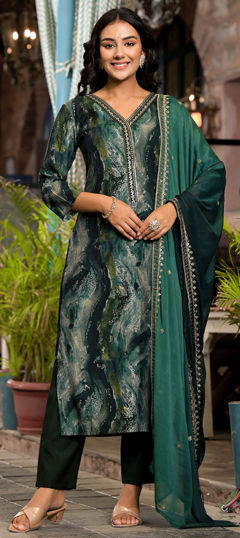 Green color Salwar Kameez in Art Silk fabric with Embroidered, Printed, Thread work