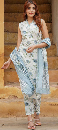 Blue color Salwar Kameez in Cotton fabric with Floral, Lace, Printed work