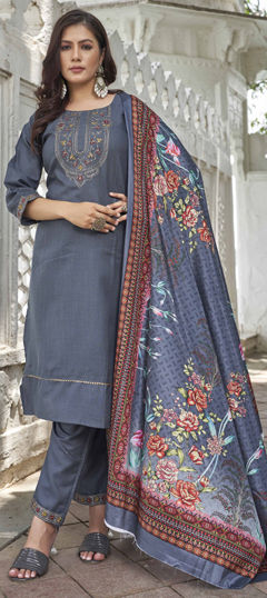 Black and Grey color Salwar Kameez in Cotton fabric with Embroidered, Printed, Thread work