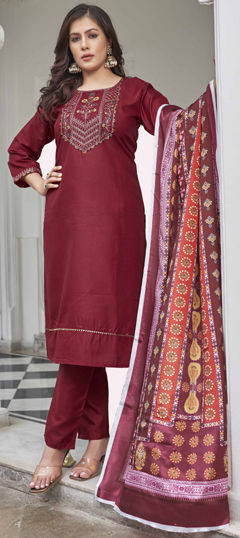 Red and Maroon color Salwar Kameez in Cotton fabric with Embroidered, Printed, Thread work