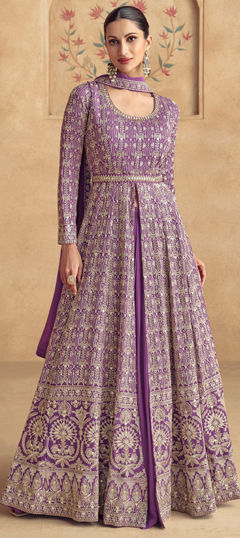 Purple and Violet color Salwar Kameez in Georgette fabric with Embroidered, Sequence, Thread, Zari work