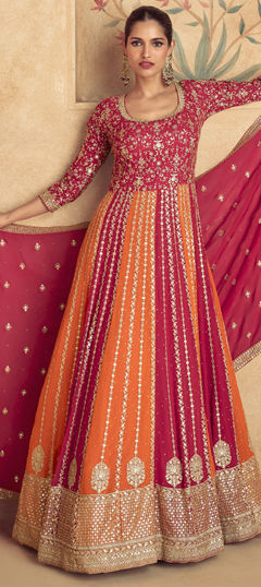 Red and Maroon color Salwar Kameez in Georgette fabric with Embroidered, Sequence, Thread, Zari work