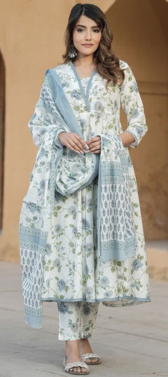 Blue color Salwar Kameez in Cotton fabric with Floral, Lace, Printed work