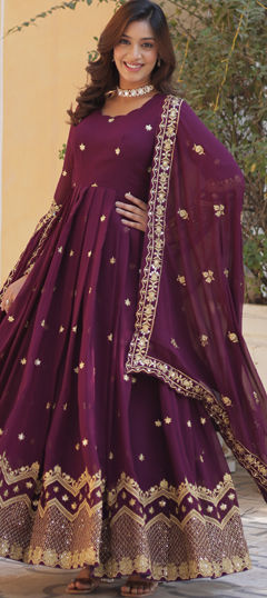 Purple and Violet color Gown in Faux Georgette fabric with Embroidered, Sequence, Zari work