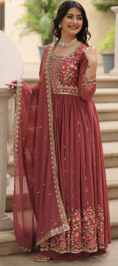 Beige and Brown color Salwar Kameez in Faux Georgette fabric with Embroidered, Sequence, Thread work