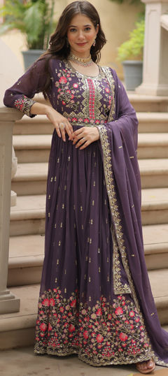 Purple and Violet color Salwar Kameez in Faux Georgette fabric with Embroidered, Sequence, Thread work