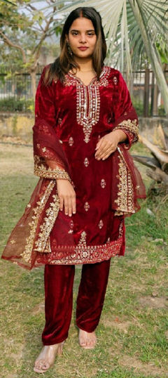 Red and Maroon color Salwar Kameez in Velvet fabric with Embroidered, Sequence, Thread, Zari work