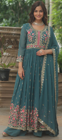 Green color Salwar Kameez in Faux Georgette fabric with Embroidered, Sequence, Thread work