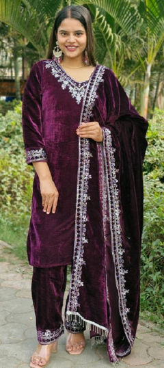 Purple and Violet color Salwar Kameez in Velvet fabric with Embroidered, Sequence, Thread work