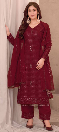 Red and Maroon color Salwar Kameez in Faux Georgette fabric with Embroidered, Sequence, Thread work