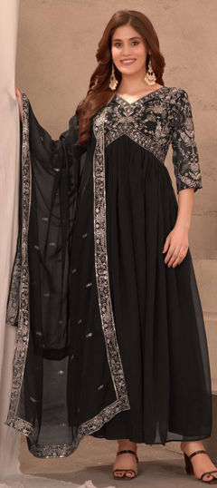 Black and Grey color Salwar Kameez in Faux Georgette fabric with Embroidered, Sequence, Thread work