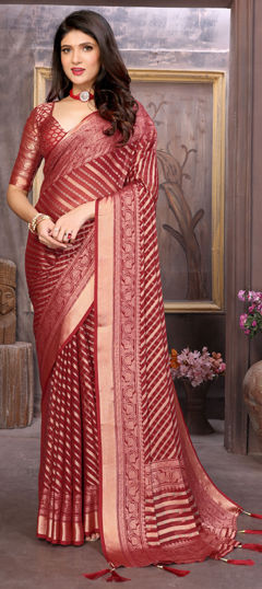 Red and Maroon color Saree in Brasso fabric with Weaving work