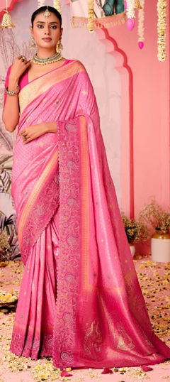 Pink and Majenta color Saree in Naylon Silk fabric with Embroidered, Thread, Weaving work