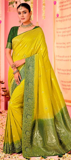 Green, Yellow color Saree in Naylon Silk fabric with Embroidered, Thread, Weaving work