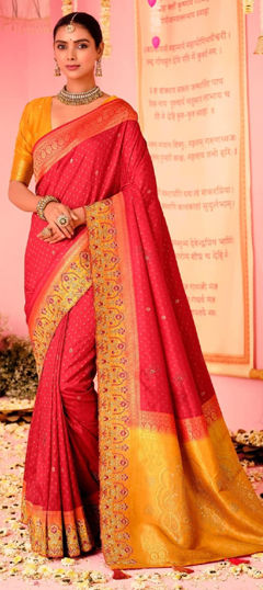 Red and Maroon color Saree in Naylon Silk fabric with Embroidered, Thread, Weaving work