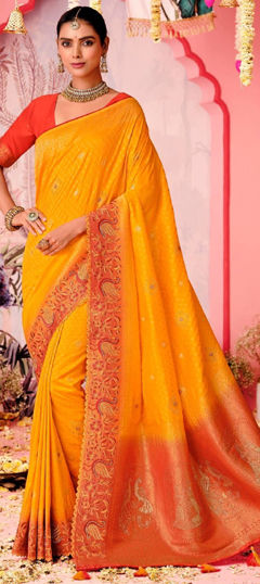 Yellow color Saree in Naylon Silk fabric with Embroidered, Thread, Weaving work