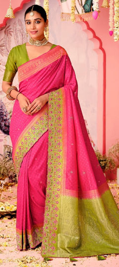 Green, Pink and Majenta color Saree in Naylon Silk fabric with Embroidered, Sequence, Thread, Weaving work