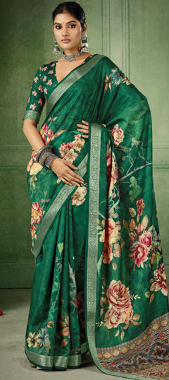 Green color Saree in Silk fabric with Floral, Printed, Weaving work