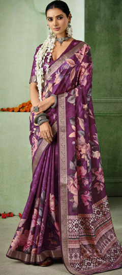 Purple and Violet color Saree in Silk fabric with Floral, Printed, Weaving work