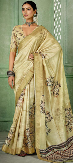 Beige and Brown color Saree in Silk fabric with Floral, Printed, Weaving work