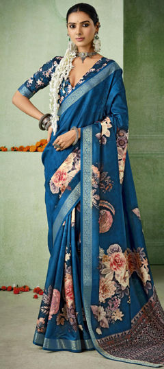 Blue color Saree in Silk fabric with Floral, Printed, Weaving work