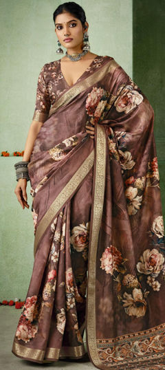 Beige and Brown color Saree in Silk fabric with Floral, Printed, Weaving work