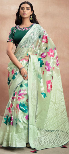 Green color Saree in Brasso fabric with Printed work