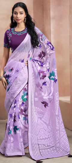 Purple and Violet color Saree in Brasso fabric with Printed work