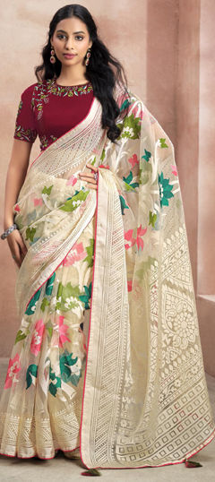 Beige and Brown color Saree in Brasso fabric with Printed work