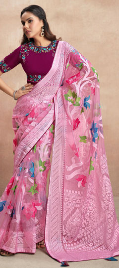 Pink and Majenta color Saree in Brasso fabric with Printed work