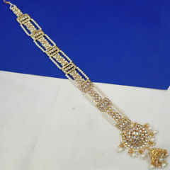 Gold Rodium Polish White and Off White color Mang Tikka in Metal Alloy studded with Austrian diamond, Pearl