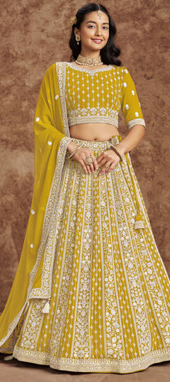 Yellow color Lehenga in Faux Georgette fabric with Embroidered, Sequence, Thread work