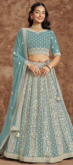 Blue color Lehenga in Faux Georgette fabric with Embroidered, Sequence, Thread work