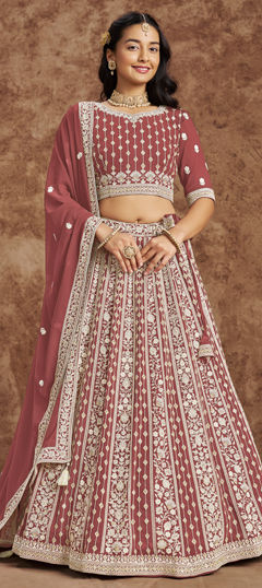 Red and Maroon color Lehenga in Faux Georgette fabric with Embroidered, Sequence, Thread work